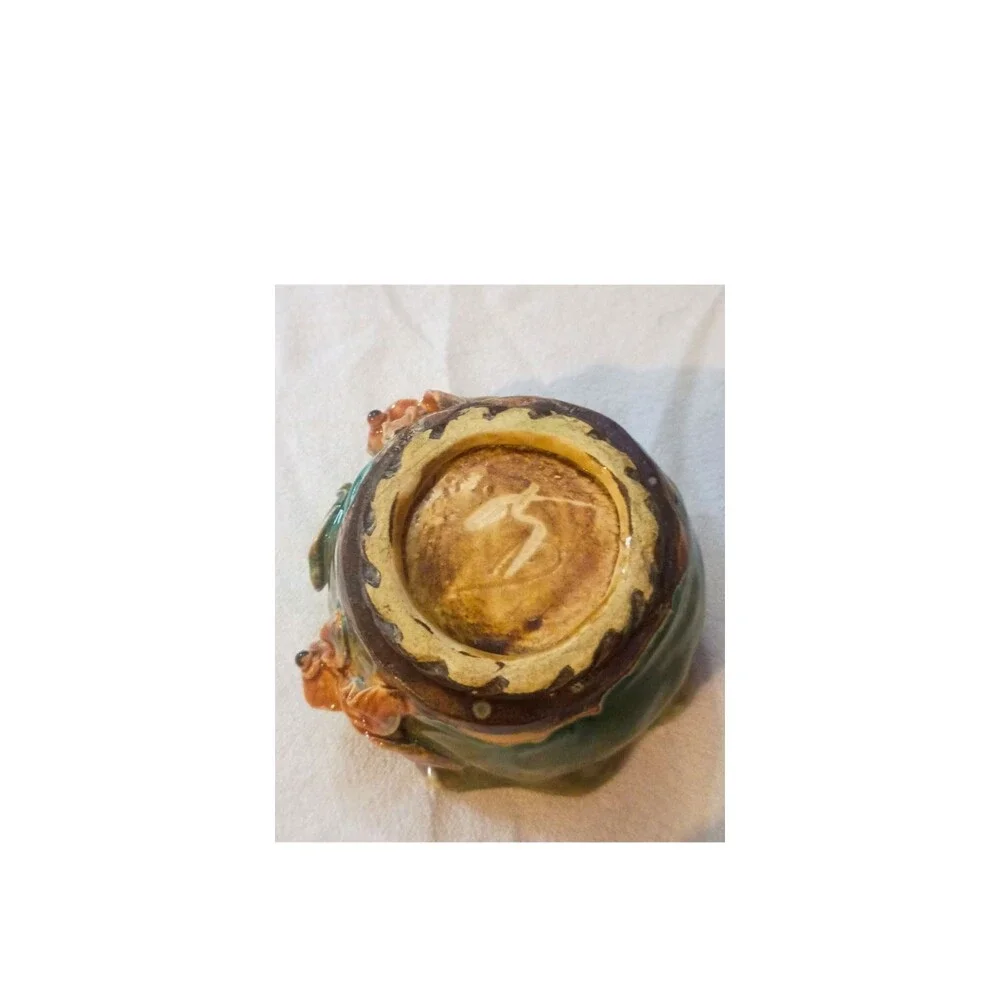Vintage Majolica Style Green Glaze Ceramic Bowl Planter | Applied Floral Leaf